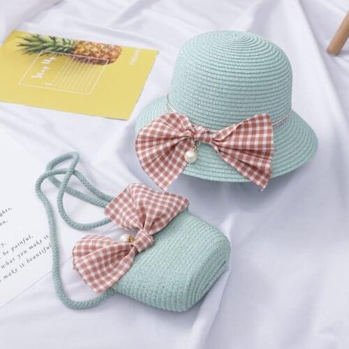 Childrens Summer Straw Hat Baby Girl Girl Hat Matching Bag Sunshade Flower Pot Hat Beach Beach Hat Backpack Matching