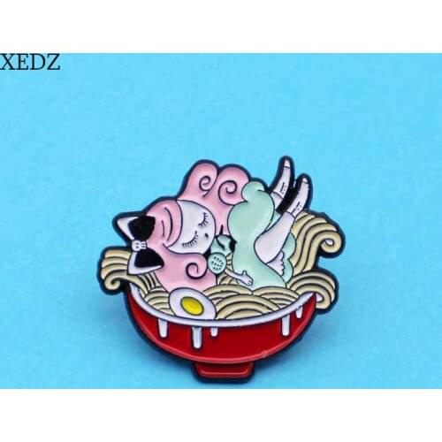 XEDZ Cartoon Red Bowl Noodle Cute Doll Enamel Brooch Fashion Scary Egg Noodle Doll Badge Jewelry Gift For Friends