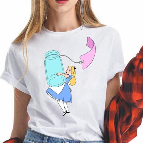 Disney Alice In Wonderland T Shirt Women Cotton Tops Black Alice Snow White Princess Fashion Print Casual Short Sleeve T-shirt