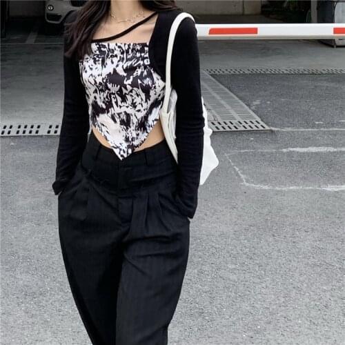 Summer fake two-piece contrast color tie-dye long-sleeved T-shirt irregular short sexy slim top women