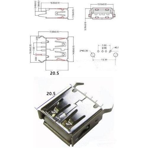 USB A Female PCB Mount Connector - Long:20.5MM Vertical Standing 180,new and original