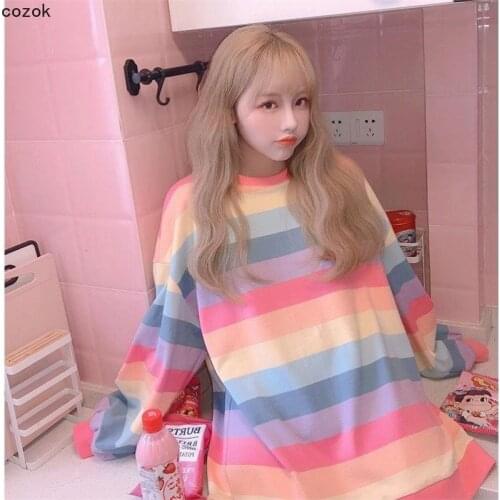 Rainbow Striped Hoodies Women Oversize Kawaii Long Sleeved Pullovers Female Korean Version Loose Thin Plus Size Women Clothing