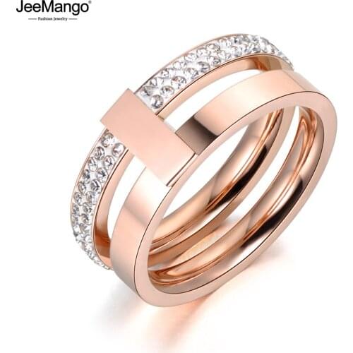 JeeMango Rose Gold Color 2 Layers Wedding Rings Jewelry 316L Stainless Steel Rhinestone Engagement Ring Drop Shipping JR18047