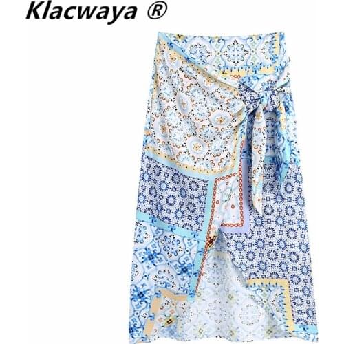 Klacwaya Women 2021 Vintage Cloth Patchwork Floral Print Knotted Sarong Skirt Faldas Mujer Female Side Zipper Chic Slim Vestidos