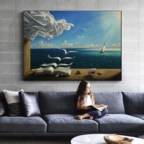 The Waves Book Sailboat by Salvador Dali Canvas Painting Landscape Posters and Prints Wall Art Picture for Living Room Cuadros