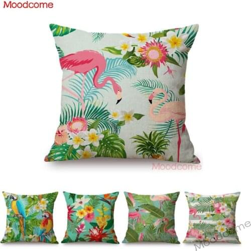 Summer Tropical Plant Flowers Palm Leaf Jungle Plant Flamingo Birds Home Decorative Sofa Pillow Case Cotton Linen Cushion Cover