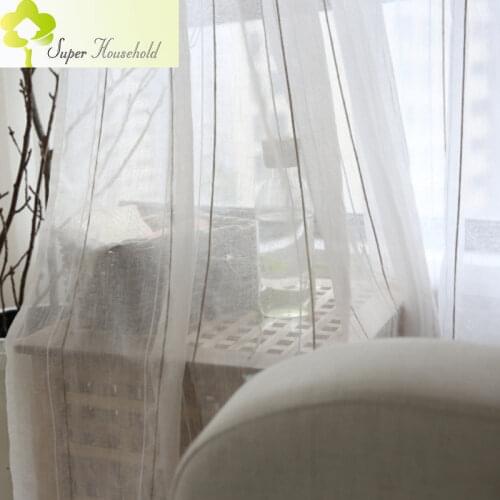 American Style Window Treatment Flax Linen Sheer Curtains For Living Room Drapes White-grey Stripes Blind Curtains Bedroom Tulle
