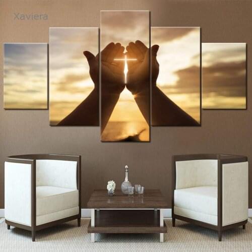 Five-Piece Jesus Hand Prayer Canvas Painting Wall Cross Art Poster Modern Home Decoration Living Room Christian Mural Frameless