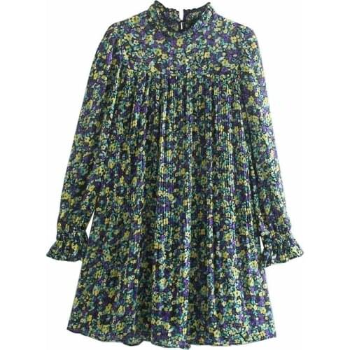 New Pop Women Dress Floral Printed Ruffled High Collar Short dress Long Sleeves elegant Vintage Casual Woman Dresses