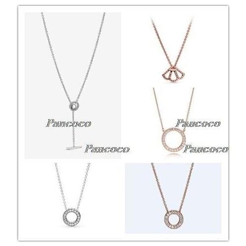 925 Sterling Silver Pave Circle Logo T-Bar Heart With Crystal Necklace For Women Wedding Party Pandora Jewelry