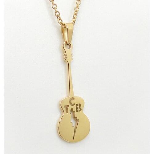 Elvis Fans Memarial Gift Guitar Lute Hollow TCB Letter Pendant Necklace Gold Plated Stainless Steel Jewelry DropShipping