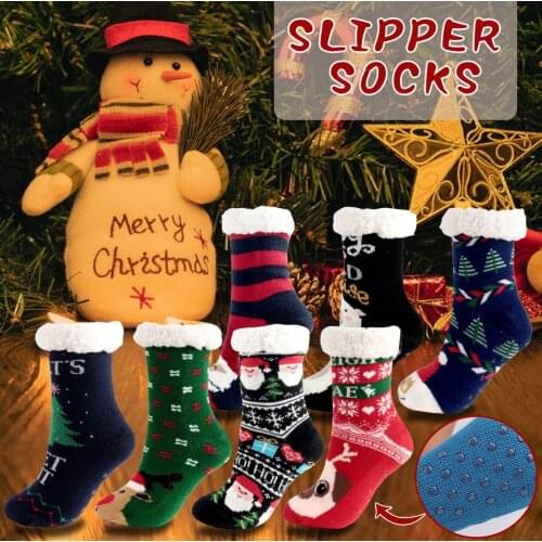 Christmas home socks calcetas compresivas Womens Winter Super Soft Warm Cozy Fuzzy Fleece-Lined Grippers Slipper Socks cute F4