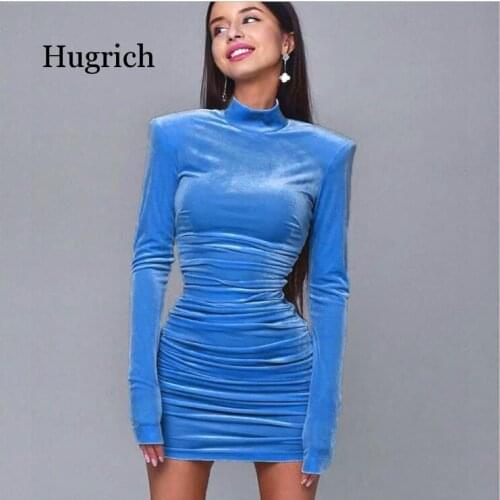 Sexy Slim-Fit Pleated Fashion Tight-Fitting Hip Skirt Velvet Mini Dress Women Autumn Long Sleeve High Neck Party Dresses