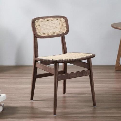 Nordic Solid Wood Rattan Chair Simple Home Designer Ins Retro Desk Chair Backrest Casual Dining Chair