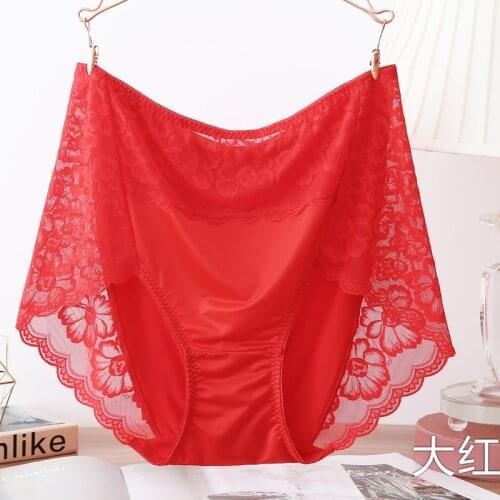 BS70 Sexy Intimates High Waist Silk Women Panties Transparent Flower Lace Satin Briefs Seamless Female Underwear Plus Size 5XL