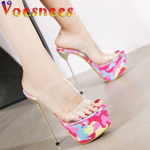 Slipper Female Fashion New Women Shoes High Heels Print Slides Thin Heels 17cm Sexy Platform Sandals Girl Show Catwalk Shoes
