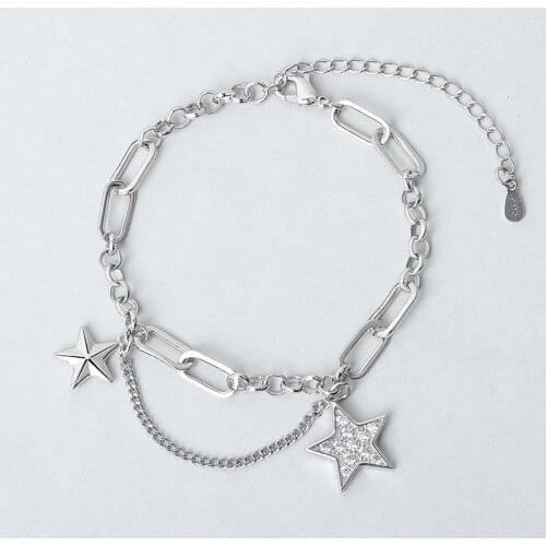 Korean 925 Sterling Silver Crystal Star Bead Charm Bracelet &Bangle For Women Wedding Jewelry sl275