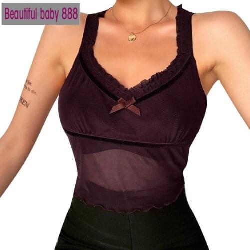 Meqeiss Bodycon Gothic Summer Women Tank Top Lace Y2k Sexy Sleeveless Pleated Patchwork Camis Transparant Mesh V-Neck Crop Top