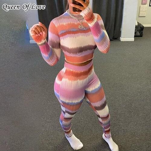 2020 Winter Women Sport Fitness Tie Dyed 2 Two Piece Outfits Long Sleeve Crop Top Tshirt Leggings Pant Set Bodycon Tracksuit