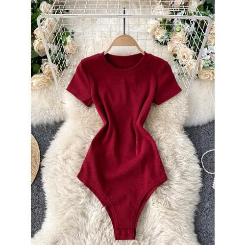 Black/Gray/Red Knit Jumper Women Elegant Round Neck Short Sleeve High Waist Bodycon Playsuit Casual Slim Jumpsuit Spring Summer
