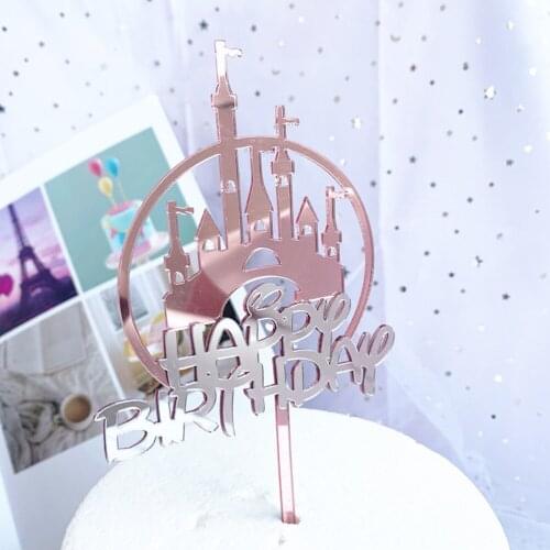 1pc Baking Cake Decoration Acrylic Pink Castle Happy Birthday Cupcake Toppers Party Supplies 17.5*13cm