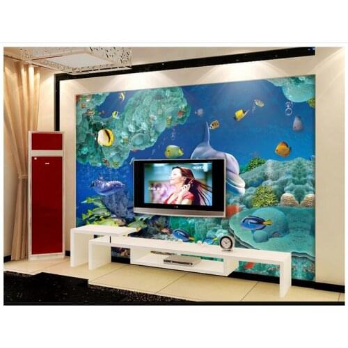 3D wall murals wallpaper custom picture mural wall paper HD 3D Underwater World Dolphin TV Wall Decorative living room decor