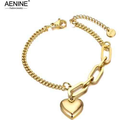 AENINE Titanium Stainless Steel Bohemia Beach Chain Bracelet For Women Girl Fashion Love Heart Charm Bracelet Pulseras AB20149