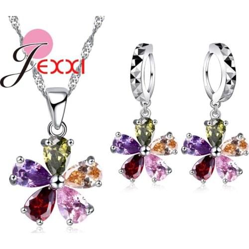 Shinning Colorful CZ Crystal Pendant Jewelry Sets Rainbow Colors Necklace Dangle Hoop Earring Jewelry Sets