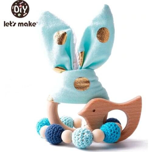 Lets Make 2pc/1lot Baby Teether Bunny Ear DIY Teething Wooden Bracelets Made Beech Animals Shower Gift Play Gym Toy Baby Rattle