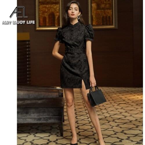 AEL 2020 fashion chinese dress elegance qipao dress split women chinese style mandarin collar black dress cheongsam with belt