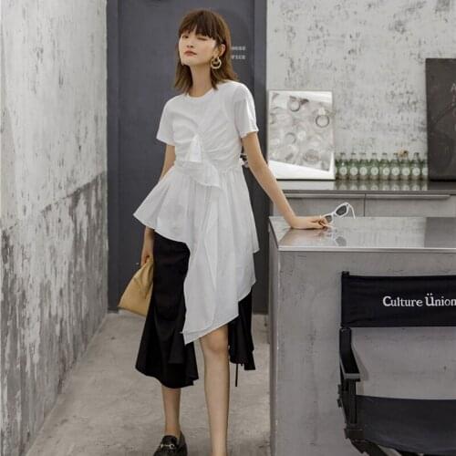 XIZIHUPAN Solid Casual Asymmetric T Shirt For Women O Neck Short Sleeve Ruched High Waist Patchwork T Shirts Female 2021 Summer