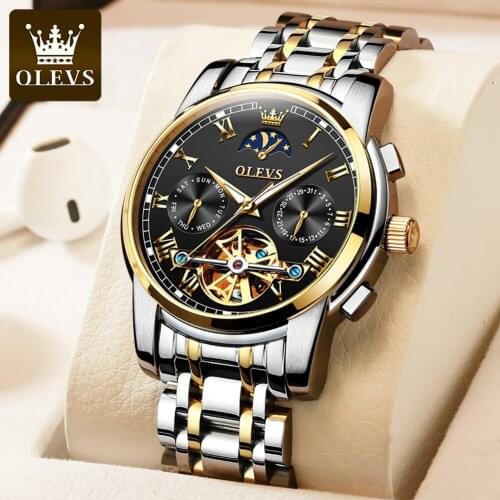 OLEVS Business Classic Mens Mechanical Watch Waterproof Stainless Steel Strap Hollow Automatic Mechanical Multi-function Watch