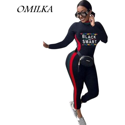 OMILKA Letter Printed Rompers and Jumpsuits 2018 Autumn Women Long Sleeve Stand Side Striped Zipper Club Party Bodycon Overalls