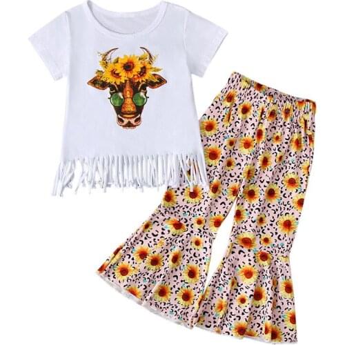 Summer Girl Set Flower Print White T-shirt + Flare Bottom Pants Suits for Kids