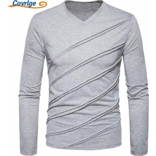 Covrlge 2018 Fashion Men T-shirt New Slim Fit Custom T-shirt Crease Design Long Stylish V Neck Fitness T-shirt Tee Shirt MTL086