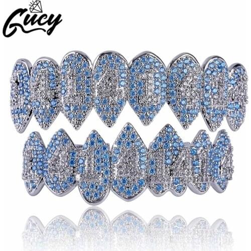 GUCY Iced Out Hip Hop 1414 Teeth Grillz Bling AAA Cubic Zircon Silver Color Eight Top & Bottom Vampire Grills Set For Gift