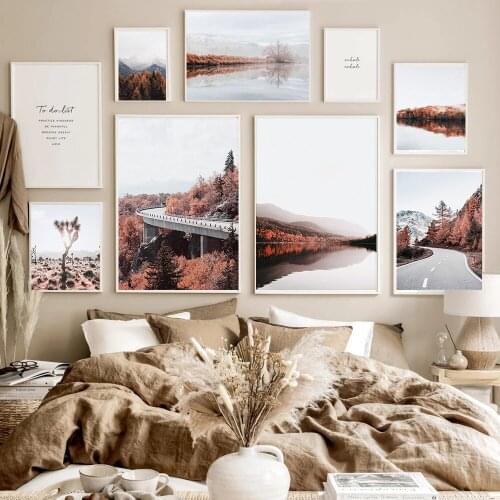 Scandinavian Nature Landscape Wall Art Poster Autumn Leaves Highway Mountains Print Painting Decorative Picture Home Decoration