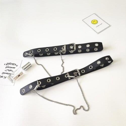 New Fashion ladies Black Punk Gothic Faux Leather Belt Metal Chain Ring Waist Waist Belts Long Belts Strap Street Dance Decor