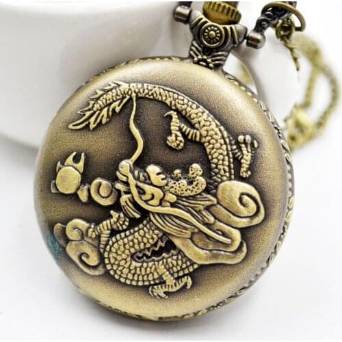 50pcs/lot Hot Sell Bronze Dragon Flip Quartz Pocket Watch Men Women Wacthes Pendant Necklace