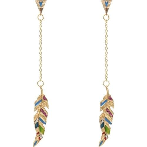 Gold Alloy Leaf Earrings Long Tassel Inlay Rhinestone Bohemian Ethnic Drop Earrings For Women Bridal Fashion Brincos