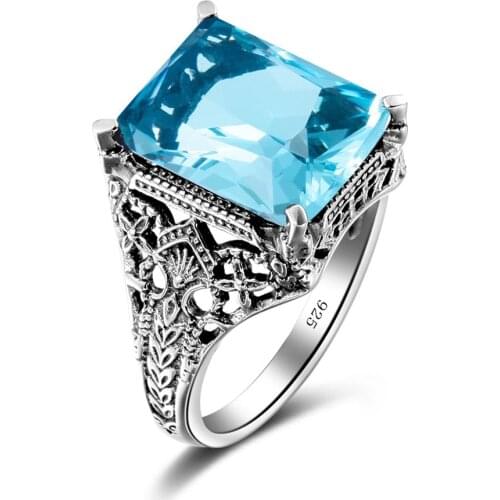 Turkish Jewellery 925 Sterling Silver Cocktail Rings Charm Geometric Aquamarine Rings For Women men Handmade Gift Hyperbole