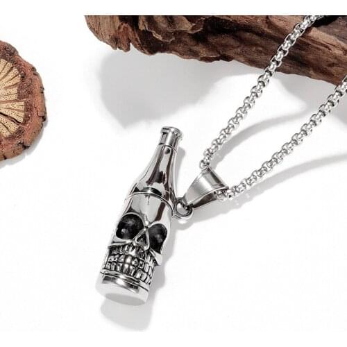 Unique Skull Wine Botte Pendant Necklace for Men Fashion Stainless Steel Skull Bottle Opener Necklace Hip Hop Punk Jewelry Gift