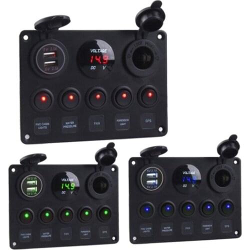 Universal Car RV Boat Switch Panel LED Digital Voltmeter Dual USB Port 12V Outlet Combination Waterproof Marine Rocker 5 Gang