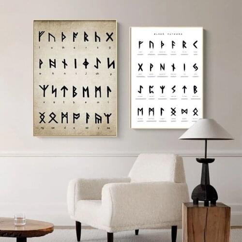 Vikings Runic Alphabet Canvas Painting Vintage Divination Old Norse Language Posters and Prints Nordic Wall Pictures Home Decor