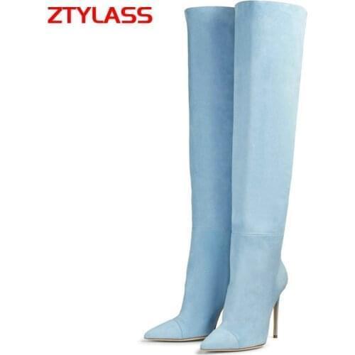Women Boots Shoes Faux Suede Knee High Boots Sexy Thin High Heel Long Boots Fashion Pointed Toe Autumn Winter Lady Shoes 34-45