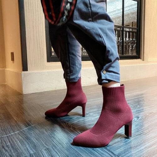 Martin boots women 2021 new womens boots autumn and winter pointed sleeve flying knit short boots womens thick heel boots