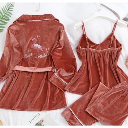 Pajamas Suit Women Velvet Sleepwear 3PCS Sleep Set Casual Bathrobe Gown Homewear Loose Intimate Lingerie Red Soft Home Clothing