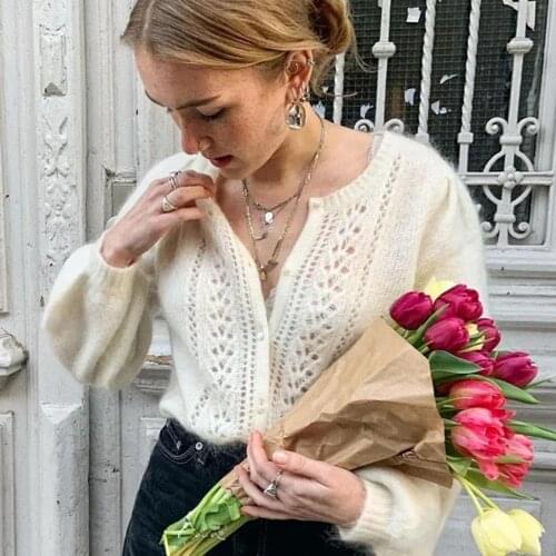 Egide Mohair Jumper Women Hollow Out Long Sleeve V neck Chic 2021 Elegant Sweater Autumn Spring Vintage Cardigan Knitwear