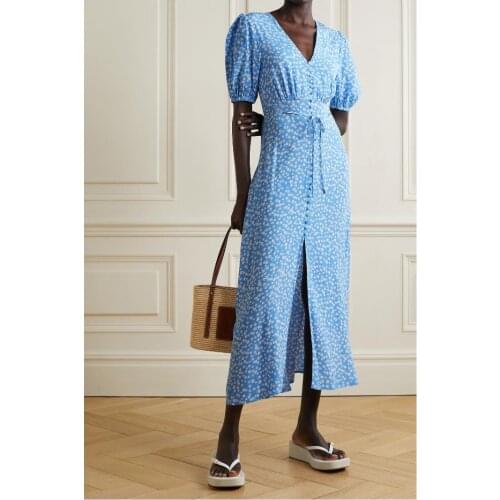 Blue Split Midi Dress Women V-neck Floral Printed Puff Sleeve High Waist Single Breasted Female Robe 2021 New