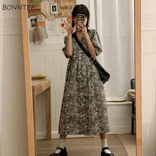 Long Sleeve Dresses Women Sweet V-neck Fashion Mujer Vintage Tie Flowers College Korean Harajuku Elegant Streetwear Classic Soft